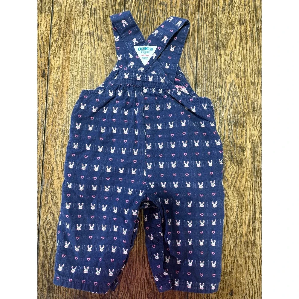 Vintage OshKosh B'Gosh 3/6 Bunny Heart Print Overalls Girls Pink Blue Vestbak